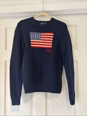 Polo by Ralph Lauren Navy American Flag Crewneck Sweater, Size M